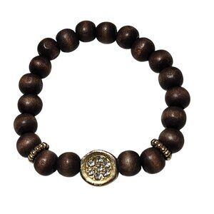 Boho Handcrafted Wooden Bead Bracelet Gold-Tone Crystal Accent Stretch Jewelry